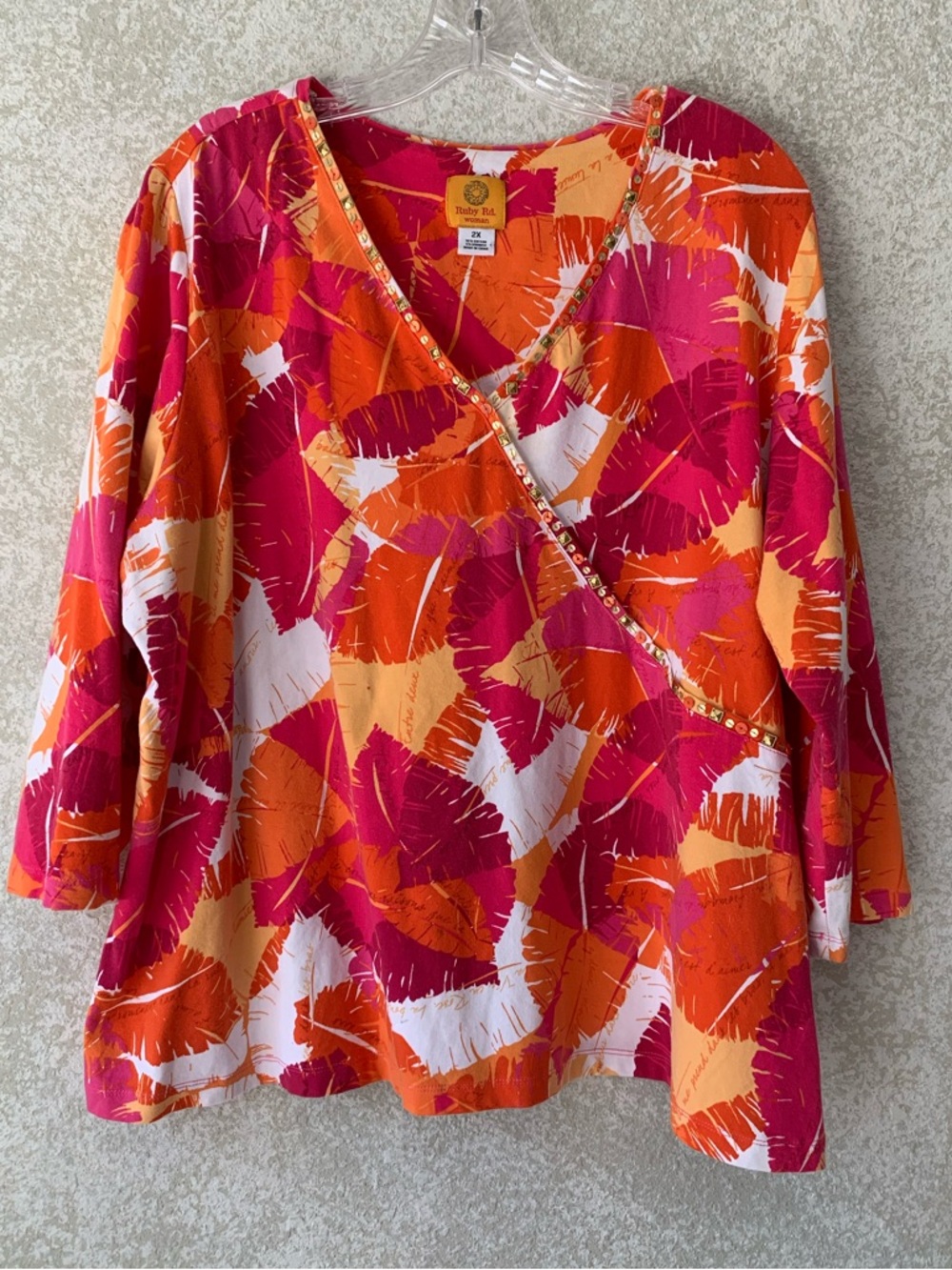 Ruby Rd. Pink Orange White Printed Wrap-Front Tunic 2X Tropical Resort Modern